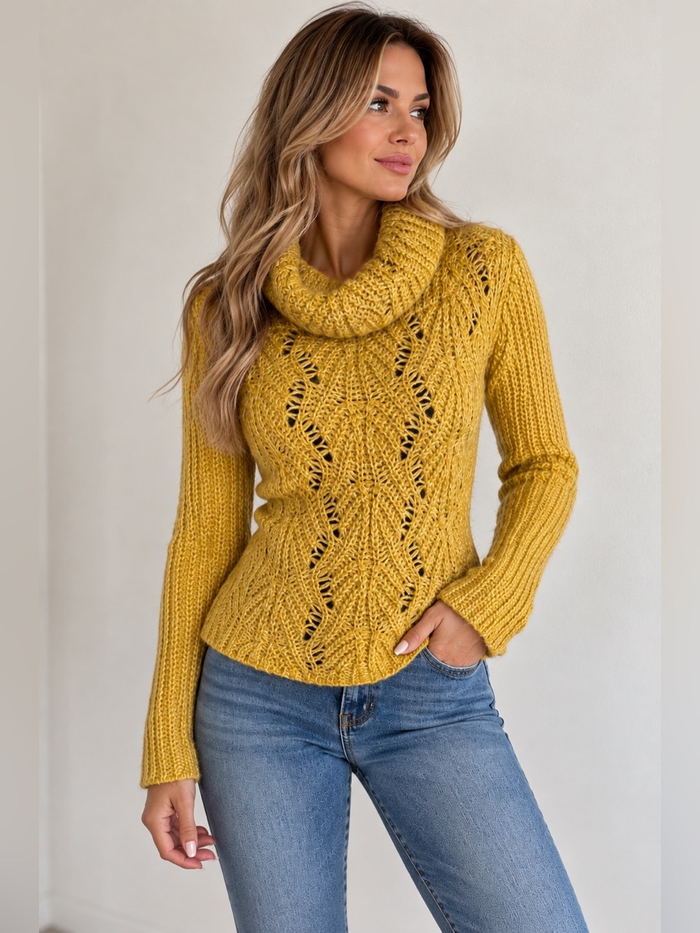 Mustard Yellow Open Knit Cowl Neck Sweater Long Sleeve Pullover